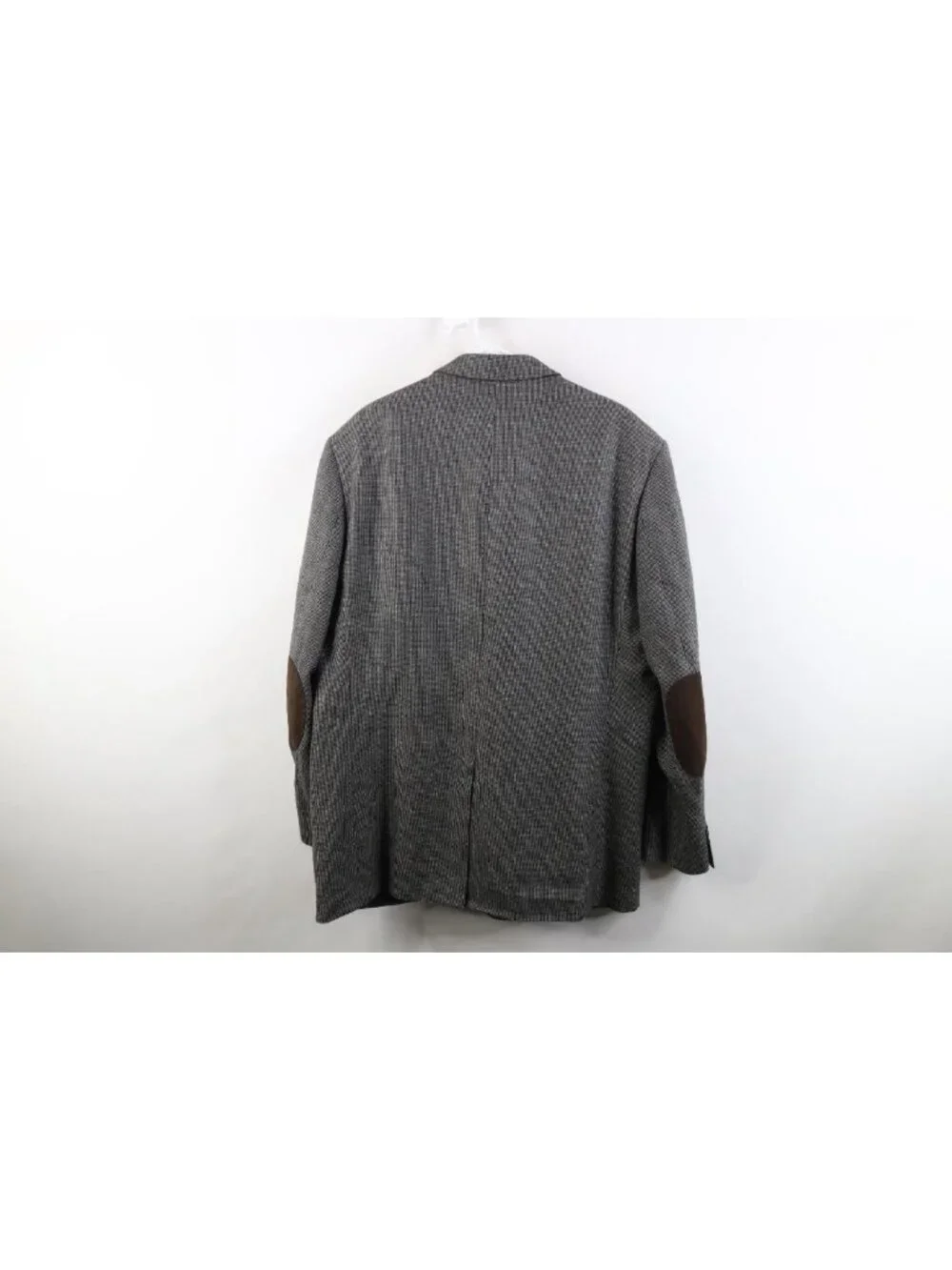 Ralph Lauren Mens 48L Wool Houndstooth Suede Elbow Patch Suit Blazer Jacket Gray